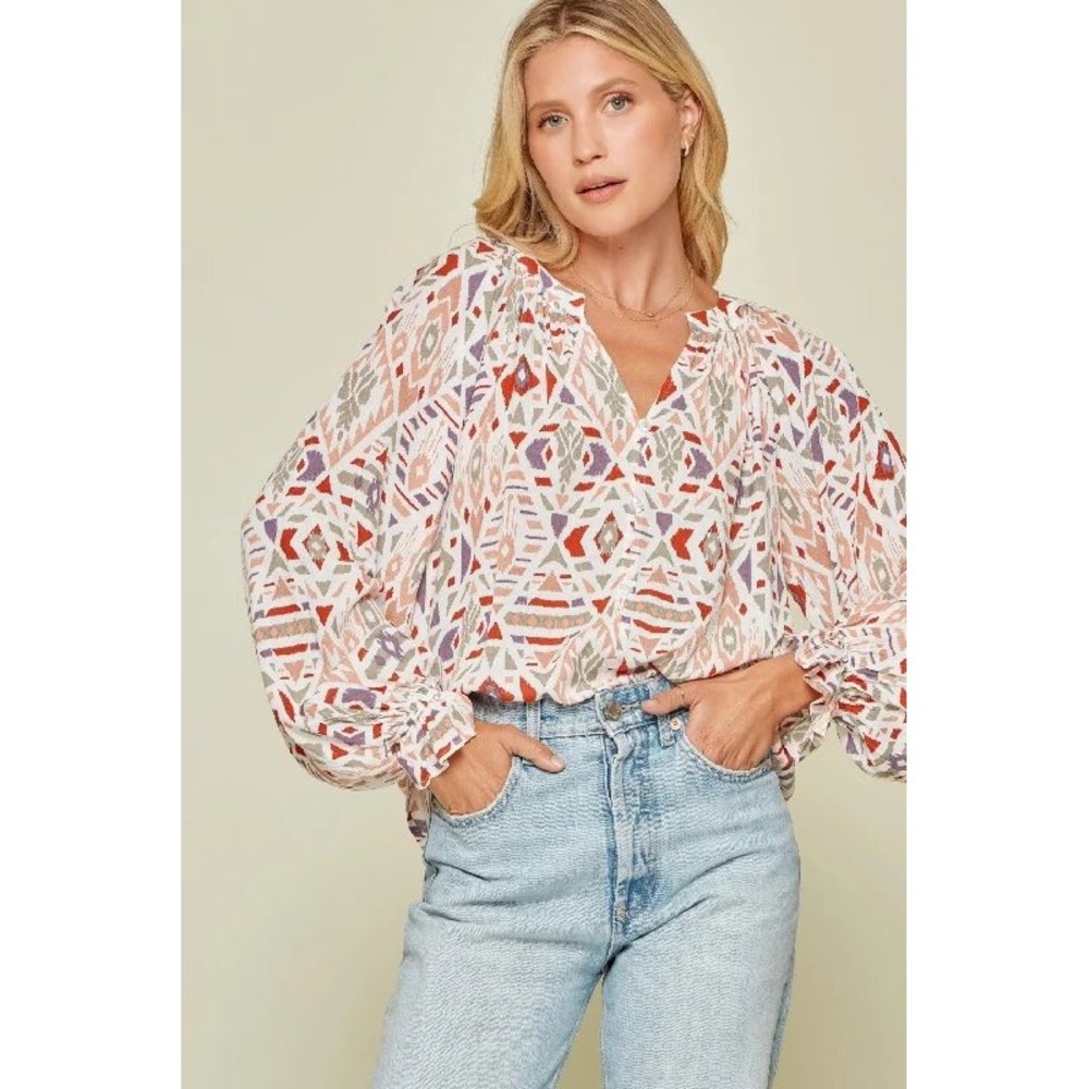 ANDREE BY UNIT White Boho Geometric Print Peasant Blouse